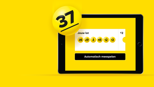 Lotto-lot met nummers 36, 29, 3, 45, 12, 13 op een tablet met een gele achtergrond