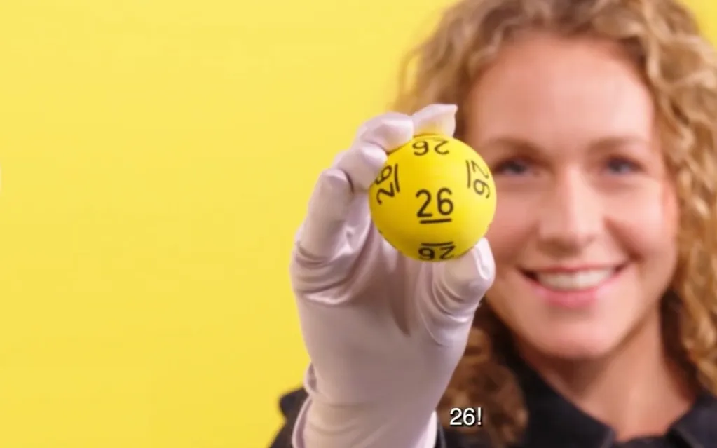 Een persoon houdt een gele bal omhoog met het nummer 26, tegen een gele achtergrond.