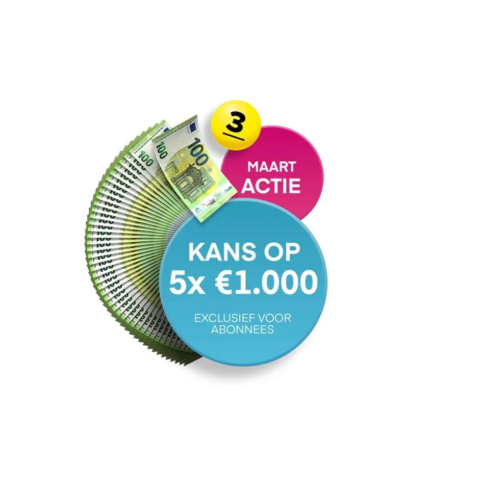 Afbeelding met tekst: Kans op 5x €1.000, Maart Actie, Exclusief voor Abonnees, en een stapel bankbiljetten.