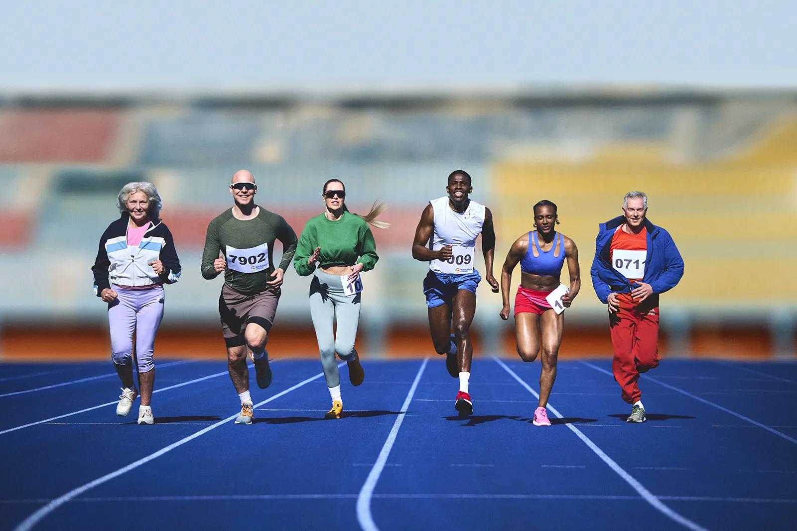 Zes hardlopers in actie op een atletiekbaan