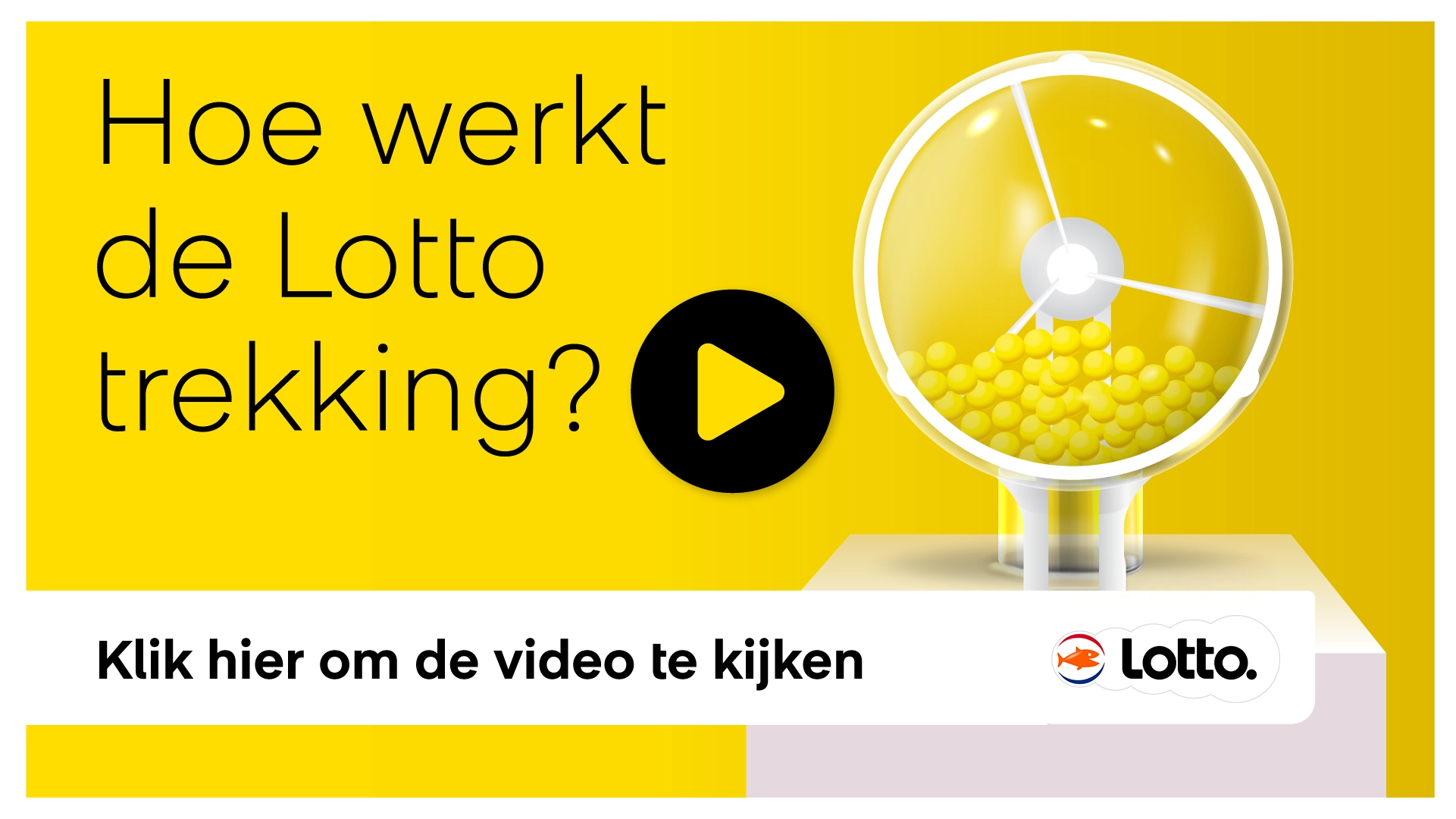 Illustratie van een Lotto-trekking met een bol in een transparante draaikolk en gele ballen, met tekst over de video.