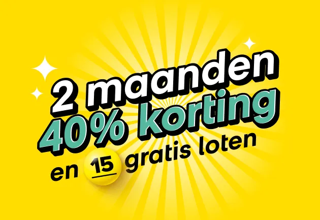 Aanbieding met 2 maanden 40% korting en 15 gratis Lotto-loten op een gele achtergrond.